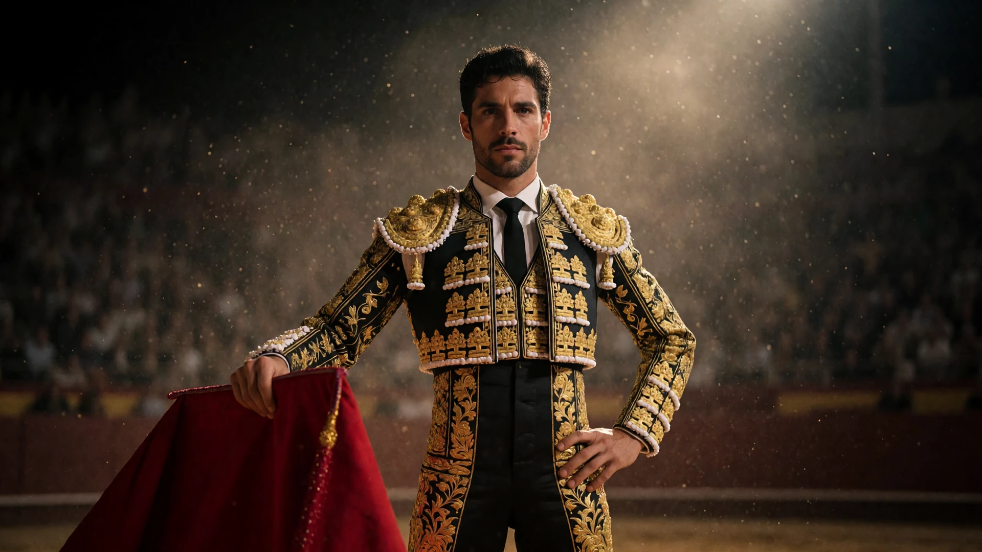 Torero in goldbesticktem Anzug des Lichts mit roter Muleta in dunkler Stierkampfarena - Casina Casino Online Casino Deutschland