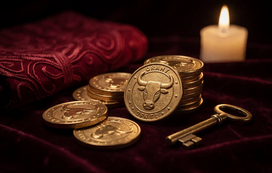 Goldene Casina Coins mit Stierkopf-Pr&auml;gung auf dunklem Samt neben roter Muleta - Bonus Shop bei Casina Casino