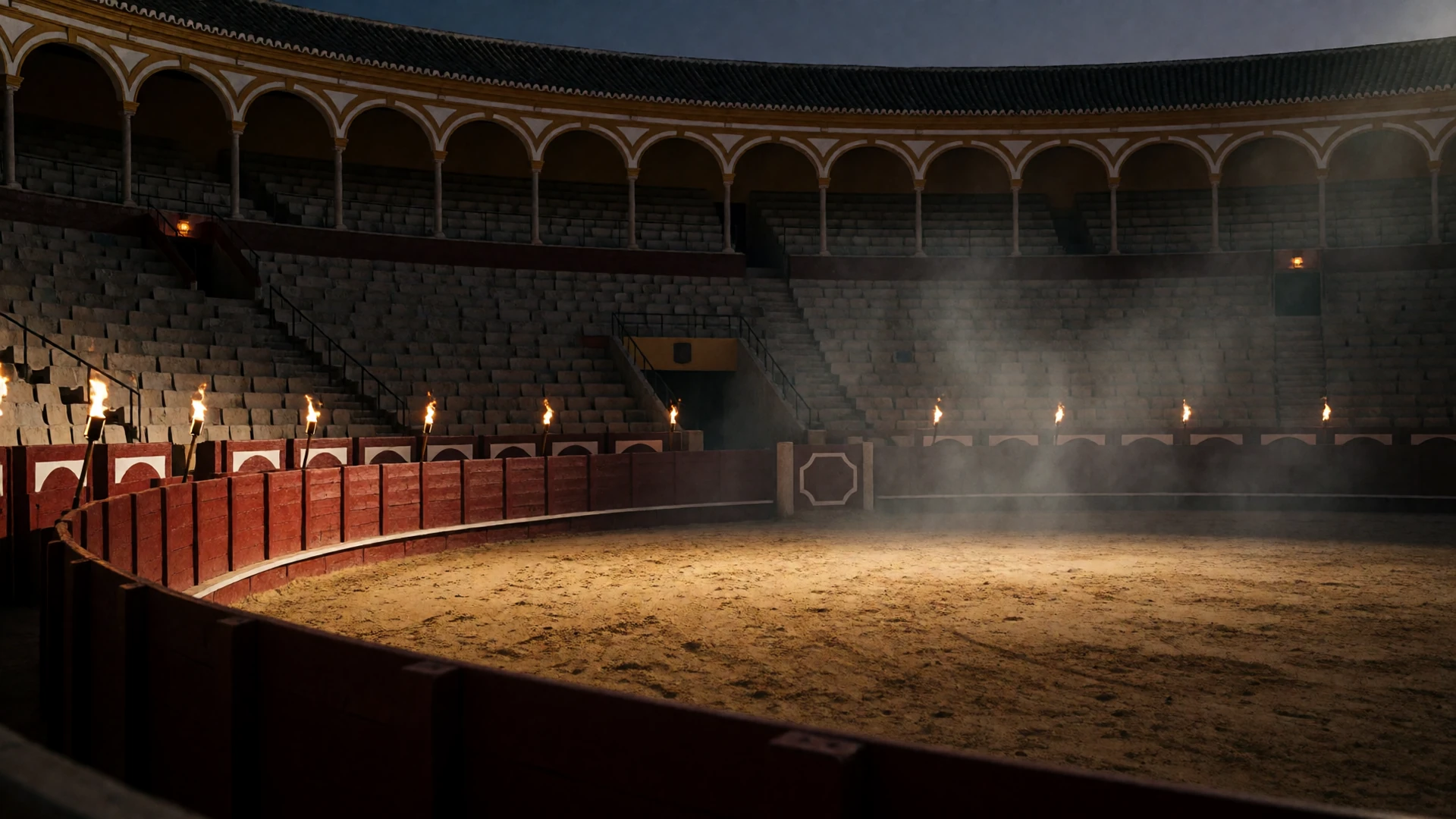 Leere spanische Stierkampfarena bei Abendd&auml;mmerung mit Fackellicht an der Barriere - Casina Casino Spiele Lobby