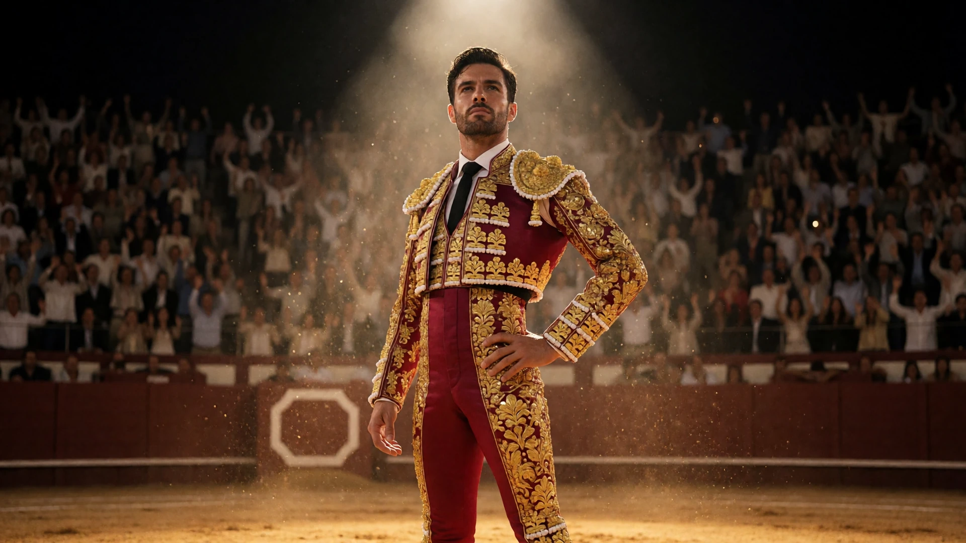 Matador im goldbestickten Anzug des Lichts triumphiert unter dem Spotlights der Arena - VIP Programm von Casina Casino
