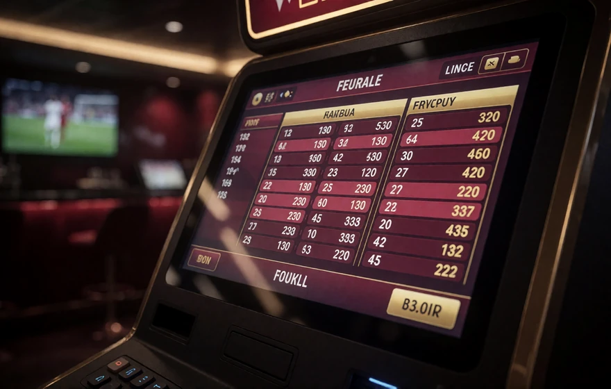 Modernes Sportwetten-Terminal mit Fu&szlig;ball-Quoten in goldenem Licht - Casina Casino Sportwetten mit 30+ M&auml;rkten