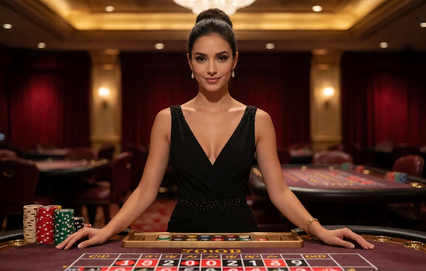 Live-Casino-Dealerin im schwarzen Abendkleid am Roulette-Tisch im Casina Casino Live Studio