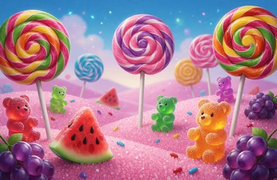 Sweet Bonanza Slot: bunte Candy-Landschaft mit Lollis und Fruchtbonbons - RTP 96,48 Prozent