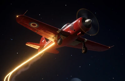 Aviator Crash Game: rotes Propellerflugzeug steigt mit goldener Leuchtspur in den Nachthimmel