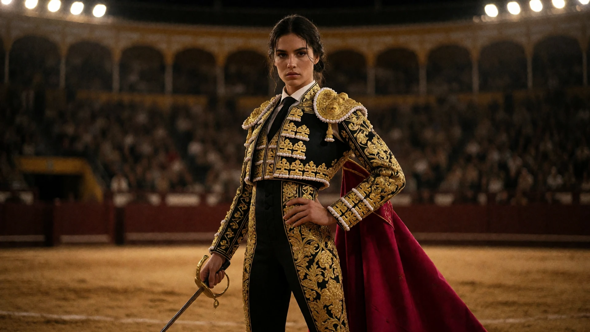 Matadorin im schwarzen Torero-Anzug mit Goldstickerei und roter Muleta in dunkler Arena - Casina Casino Willkommensbonus